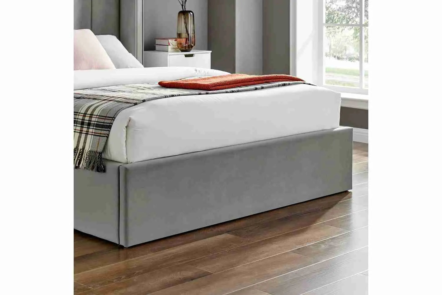 Polaris Silver Double Ottoman Storage Bed Frame – Recycled Velvet with High Wing Headboard