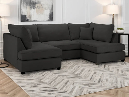 Carnaby Cinema U-Shape Sofa Black – Large Linen Polyester U-Shaped Corner Sofa with Footstool | UK