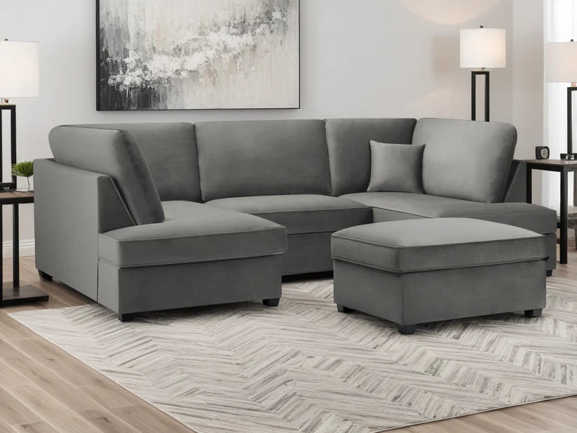 Carnaby Cinema U-Shape Sofa – Plush Grey Velvet Corner Sofa with Footstool | UK