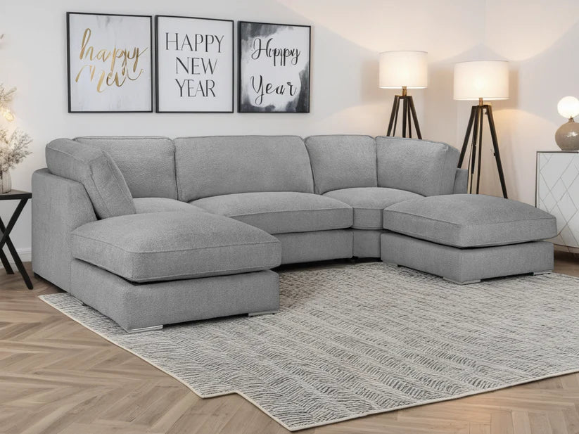 Inga Fullback Grey U-Shape Corner Sofa – Large Bouclé Fabric Family Sofa | UK