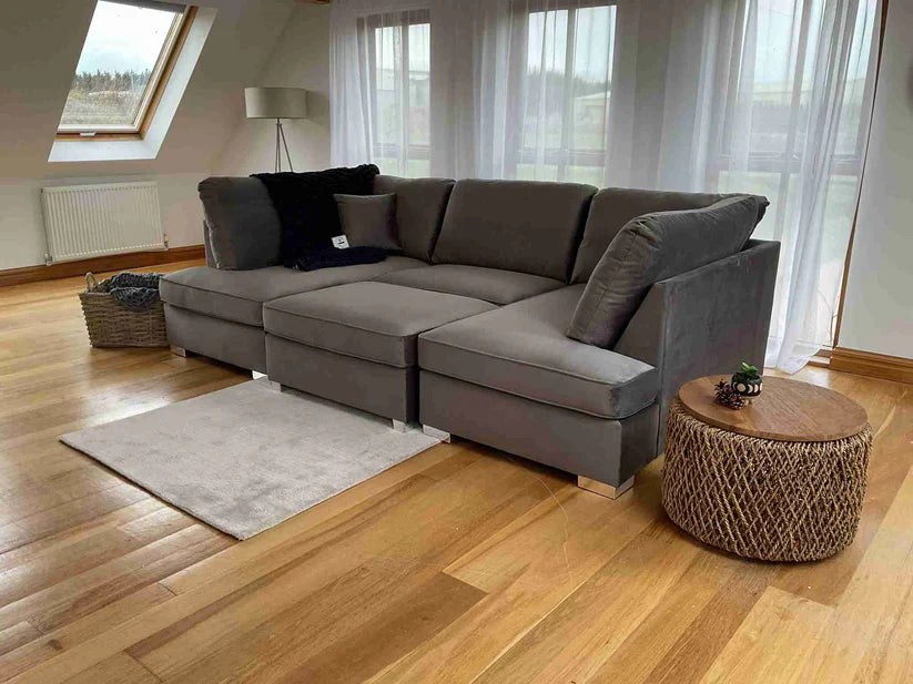 Carnaby Cinema U-Shape Sofa – Plush Grey Velvet Corner Sofa with Footstool | UK