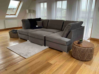 Carnaby Cinema U-Shape Sofa – Plush Grey Velvet Corner Sofa with Footstool | UK