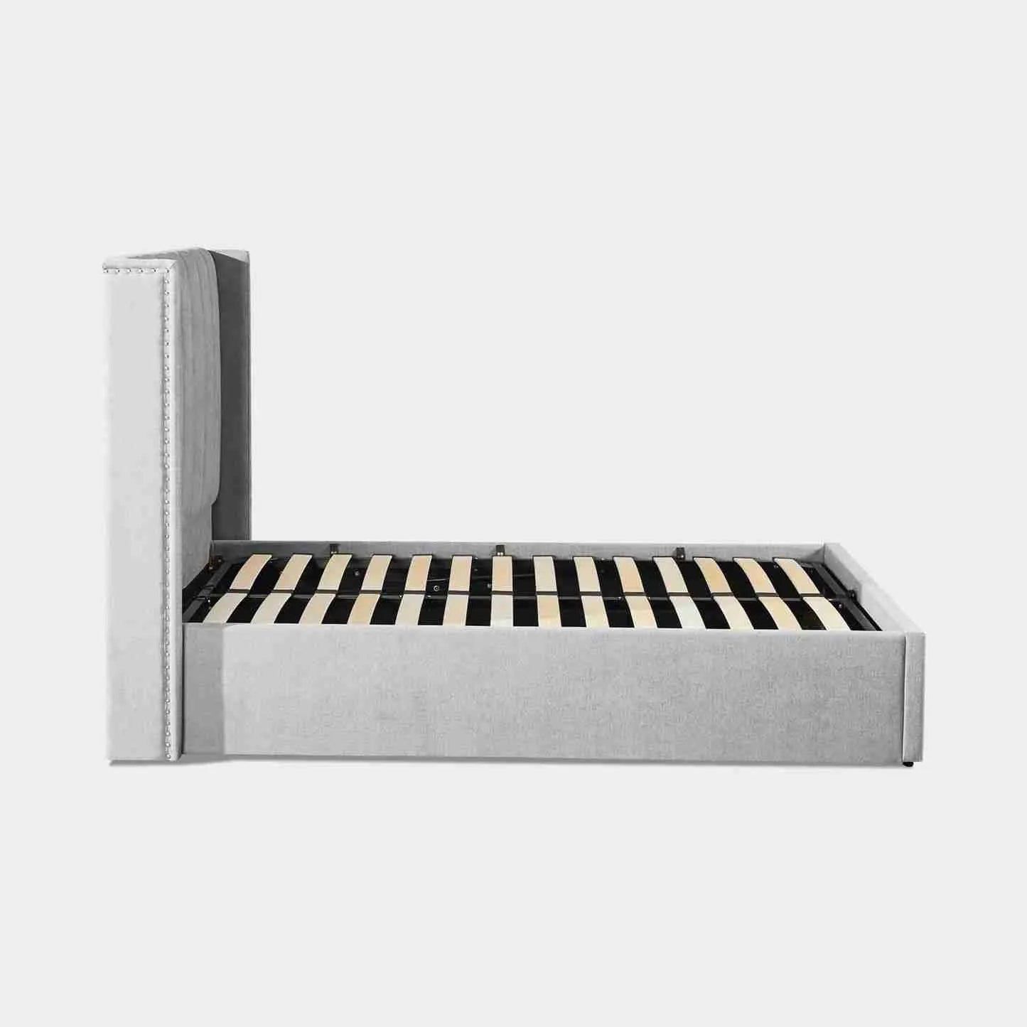 Amber Range Grey Upholstered Double Bed Frame with Storage – Optional Mattress