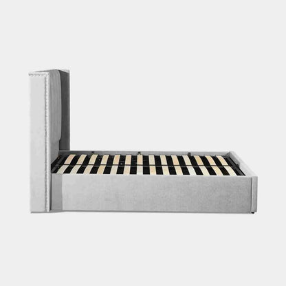 Amber Range Grey Upholstered Double Bed Frame with Storage – Optional Mattress