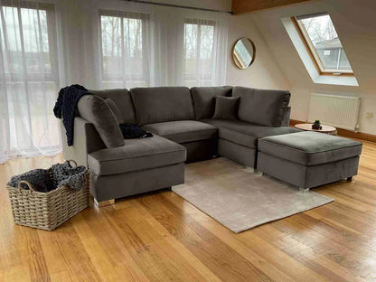 Carnaby Cinema U-Shape Sofa – Plush Grey Velvet Corner Sofa with Footstool | UK