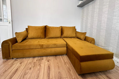 Berlin Universal Corner Sofa Bed with Storage – Mustard Gold