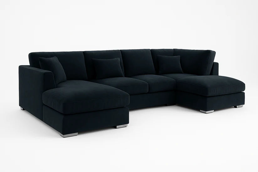 Bishop U-Shaped Velvet Sectional Sofa with Chaise – Luxury Black & Navy U-Shape Sofa | UK