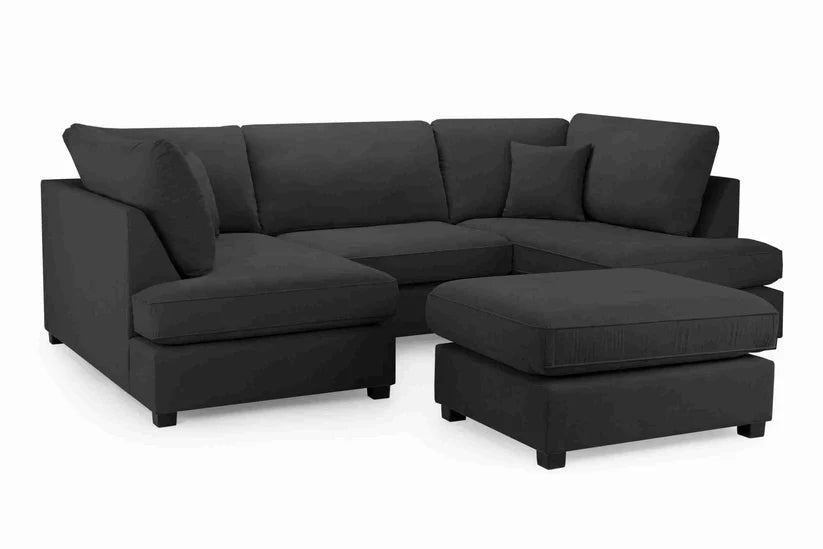 Carnaby Cinema U-Shape Sofa Black – Large Linen Polyester U-Shaped Corner Sofa with Footstool | UK