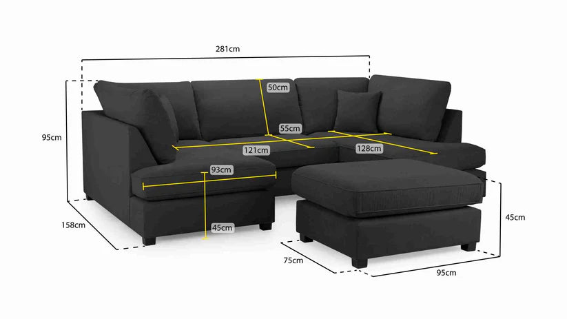 Carnaby Cinema U-Shape Sofa Black – Large Linen Polyester U-Shaped Corner Sofa with Footstool | UK