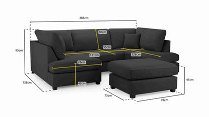 Carnaby Cinema U-Shape Sofa Black – Large Linen Polyester U-Shaped Corner Sofa with Footstool | UK