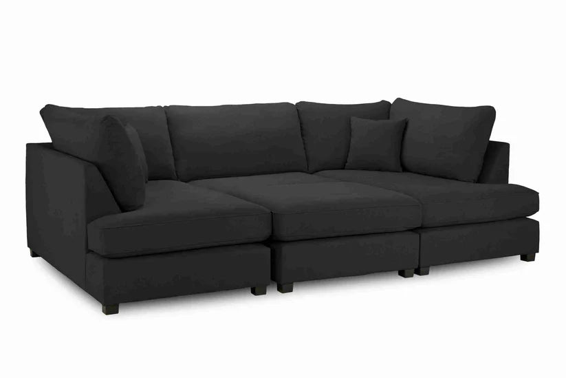Carnaby Cinema U-Shape Sofa Black – Large Linen Polyester U-Shaped Corner Sofa with Footstool | UK