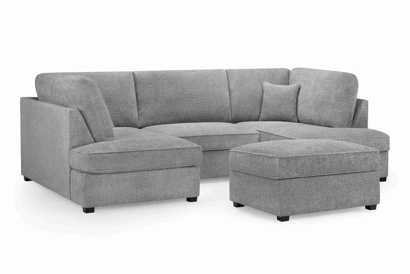 Carnaby Cinema U-Shape Sofa – Grey Bouclé Teddy Bear Fabric Corner Sofa with Footstool | UK
