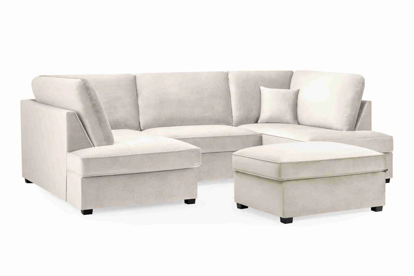 Carnaby Cinema U-Shape Sofa – Plush Beige Velvet Corner Sofa with Footstool | UK