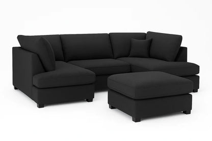 Carnaby Cinema Black U-Shape Corner Sofa – Large Linen Fabric Sofa with Footstool | UK