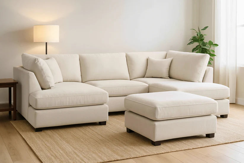 Carnaby Cinema U-Shape Sofa Beige – Large Fabric U-Shaped Corner Sofa with Footstool | UK