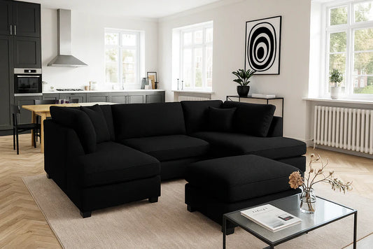 Carnaby Cinema Black U-Shape Corner Sofa – Large Linen Fabric Sofa with Footstool | UK