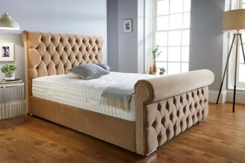 Chesterfield Scroll Wingback Velvet Bed – Camel Beige | Luxury Tufted Bed Frame UK
