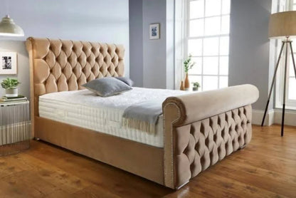 Chesterfield Scroll Wingback Velvet Bed – Camel Beige | Luxury Tufted Bed Frame UK