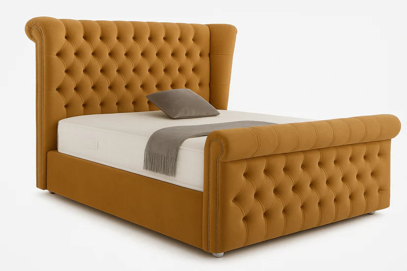 Chesterfield Scroll Wingback Velvet Bed – Camel Beige | Luxury Tufted Bed Frame UK