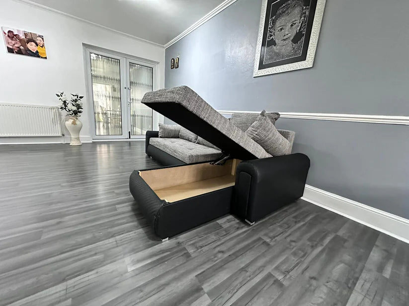 Berlin Universal Corner Sofa Bed with Storage – Grey Black