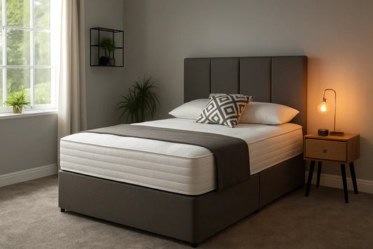 Grey Divan Bed with Mattress & Storage Options – Upholstered Panel Headboard | UK Sizes