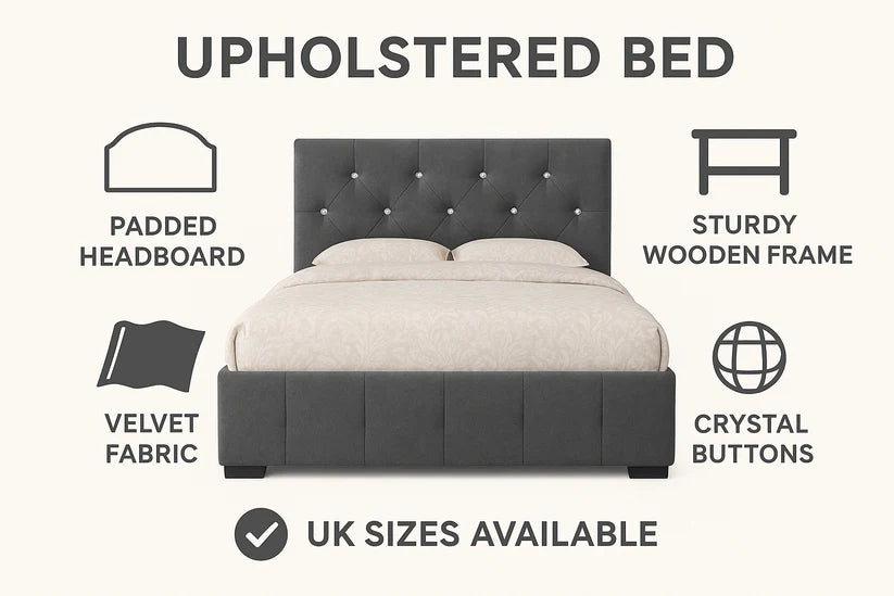 Luxury Upholstered Velvet Bed with Diamond Button Detailing – Single to Super King Bed Frame UK
