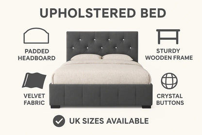 Luxury Upholstered Velvet Bed with Diamond Button Detailing – Single to Super King Bed Frame UK