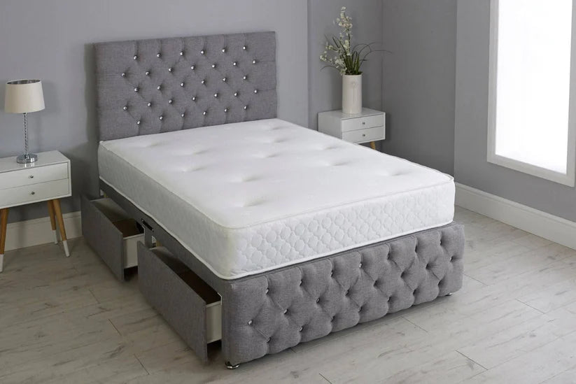 Luxury Grey Divan Bed with Storage Drawers & Crystal-Tufted Headboard – Single to Super King with Mattress Options UK