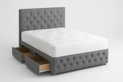 Luxury Grey Divan Bed with Storage Drawers & Crystal-Tufted Headboard – Single to Super King with Mattress Options UK