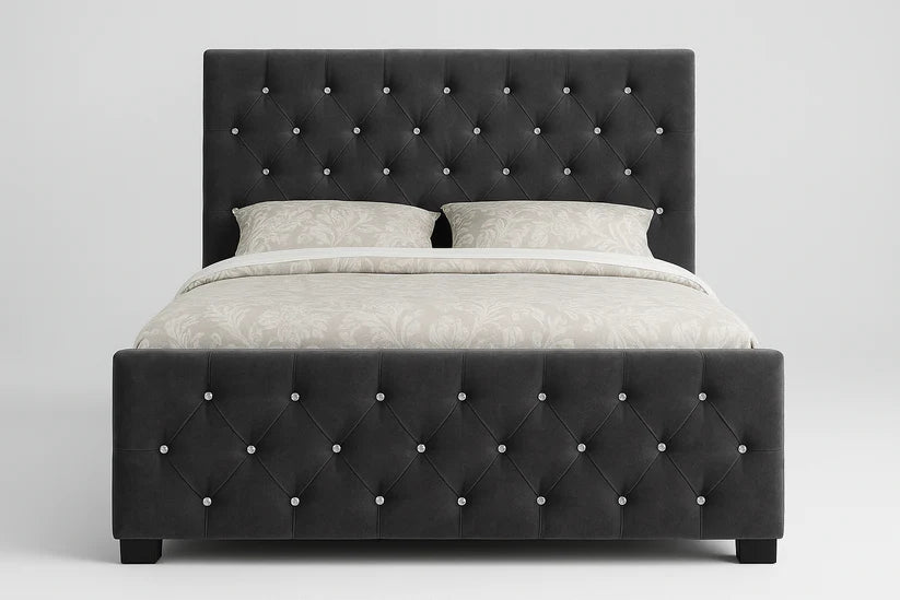 Luxury Upholstered Velvet Bed with Diamond Button Detailing – Single to Super King Bed Frame UK