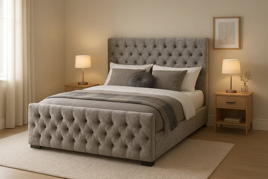 Luxury Chesterfield Crushed Velvet Bed Frame with Optional Mattress – Grey | UK Sizes