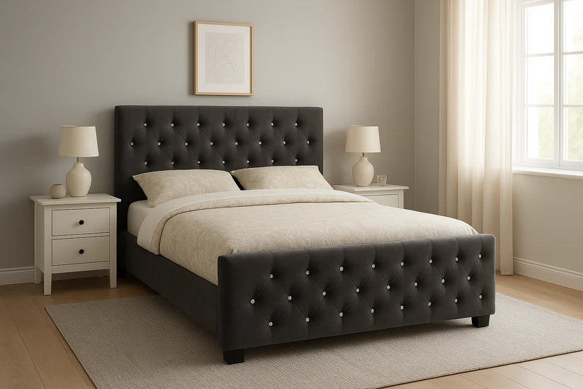 Luxury Upholstered Velvet Bed with Diamond Button Detailing – Single to Super King Bed Frame UK