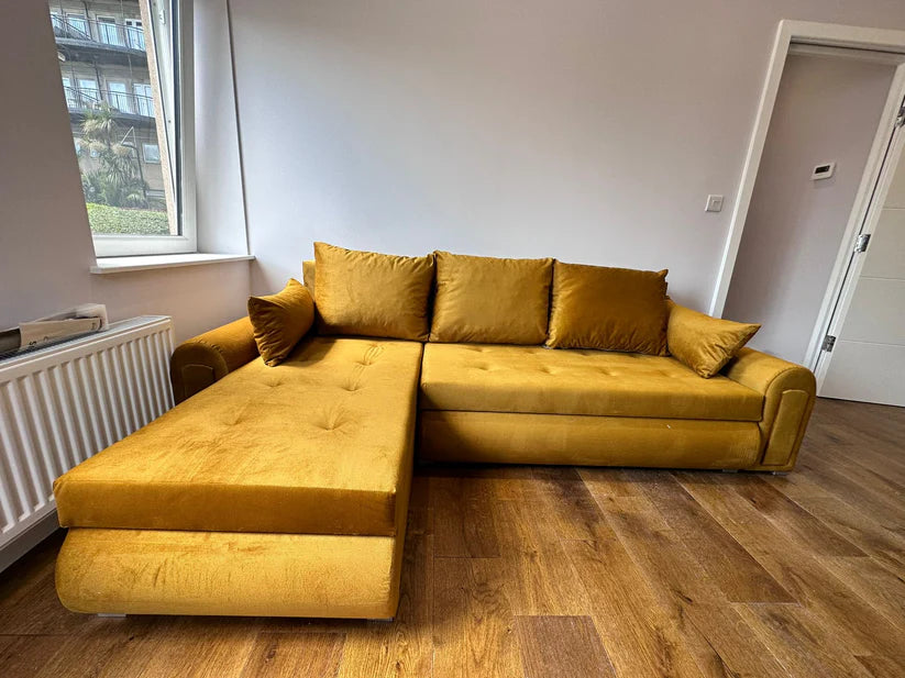 Berlin Universal Corner Sofa Bed with Storage – Mustard Gold
