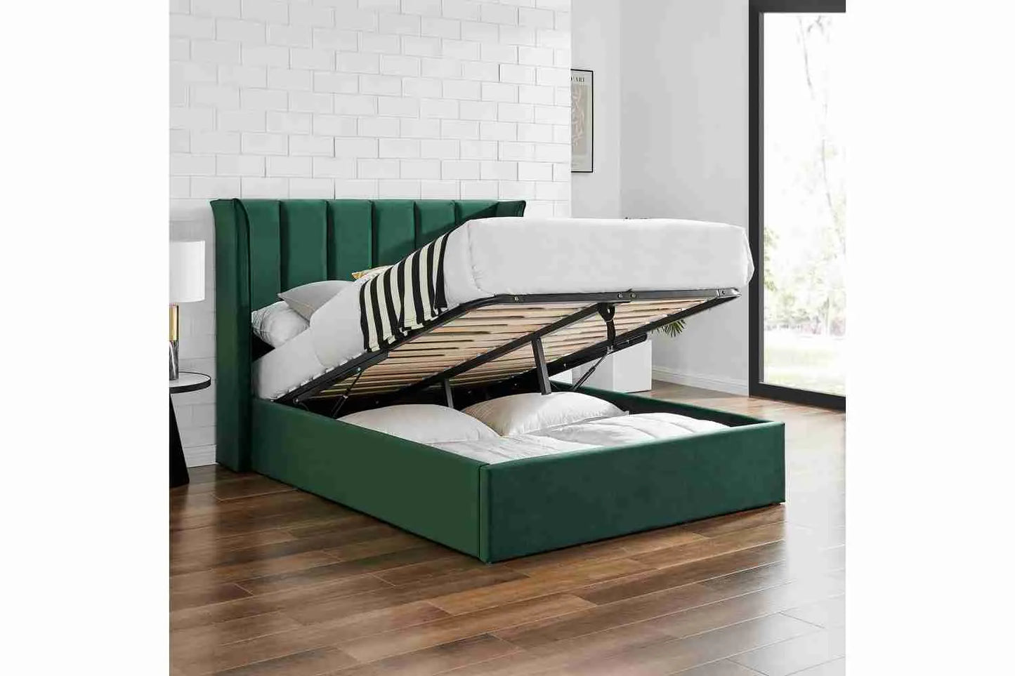 Polaris Green Velvet Ottoman Storage Bed Frame – King Size Bed with Lift-Up Storage