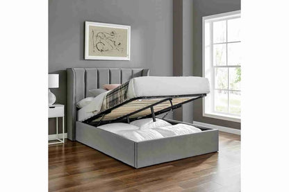 Polaris Silver Double Ottoman Storage Bed Frame – Recycled Velvet with High Wing Headboard