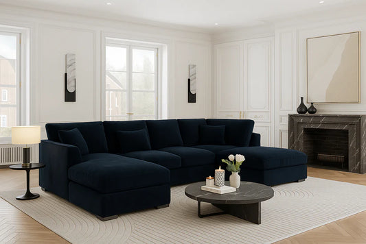 Bishop U-Shaped Velvet Sectional Sofa with Chaise – Luxury Black & Navy U-Shape Sofa | UK