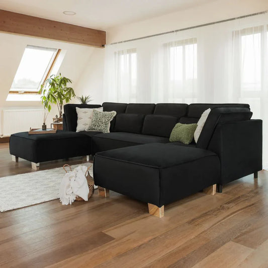 Sloane Black U-Shape Corner Sofa – Large Luxury Full Back U-Shaped Sofa | UK