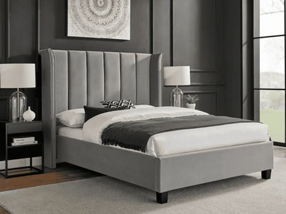 Polaris Silver Velvet Double Bed Frame – 4ft6 Upholstered Wingback Bed