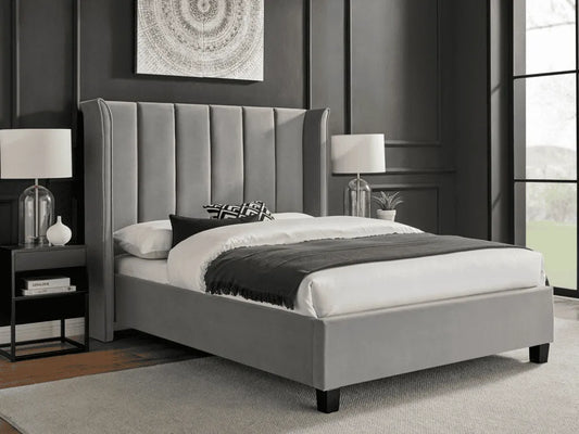 Polaris Silver Velvet Double Bed Frame – 4ft6 Upholstered Wingback Bed