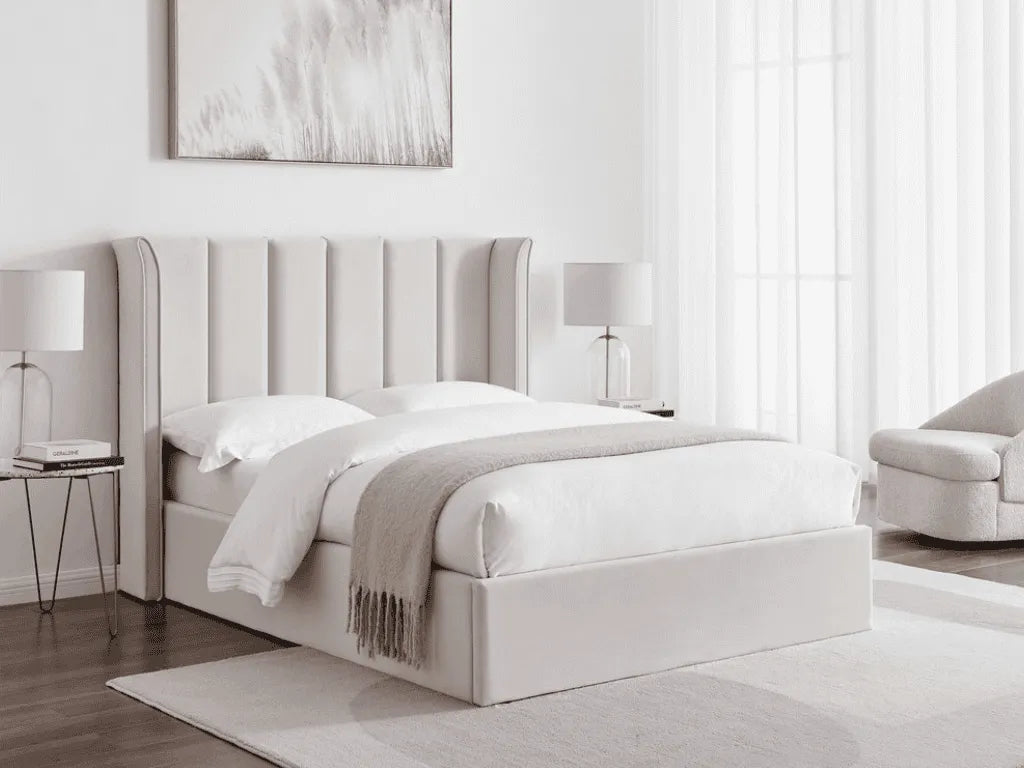 Polaris Bed Frame Natural Ottoman Double | Velvet Storage Bed 4ft6 UK