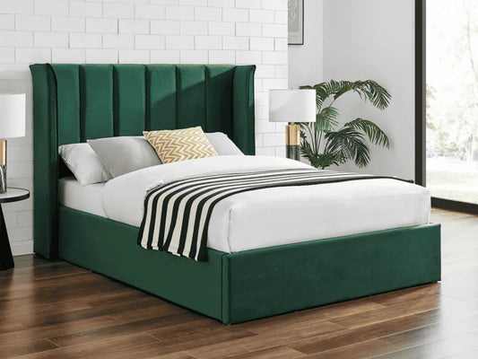 Polaris Green Velvet Ottoman Storage Bed Frame – King Size Bed with Lift-Up Storage