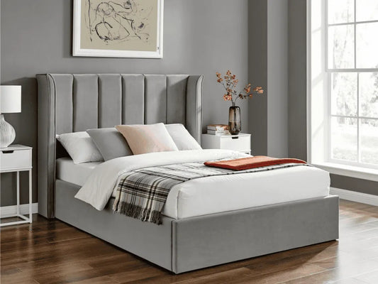 Polaris Silver Double Ottoman Storage Bed Frame – Recycled Velvet with High Wing Headboard