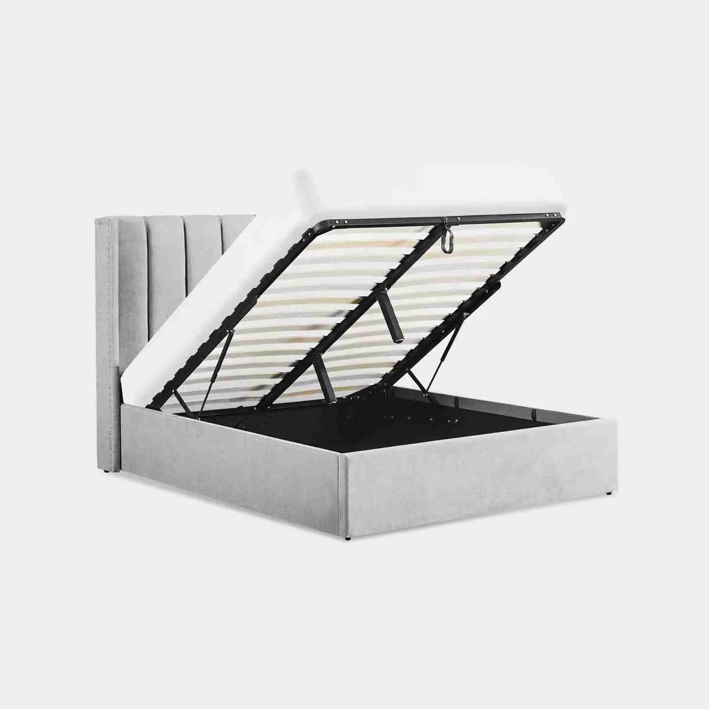 Amber Range Grey Upholstered Double Bed Frame with Storage – Optional Mattress