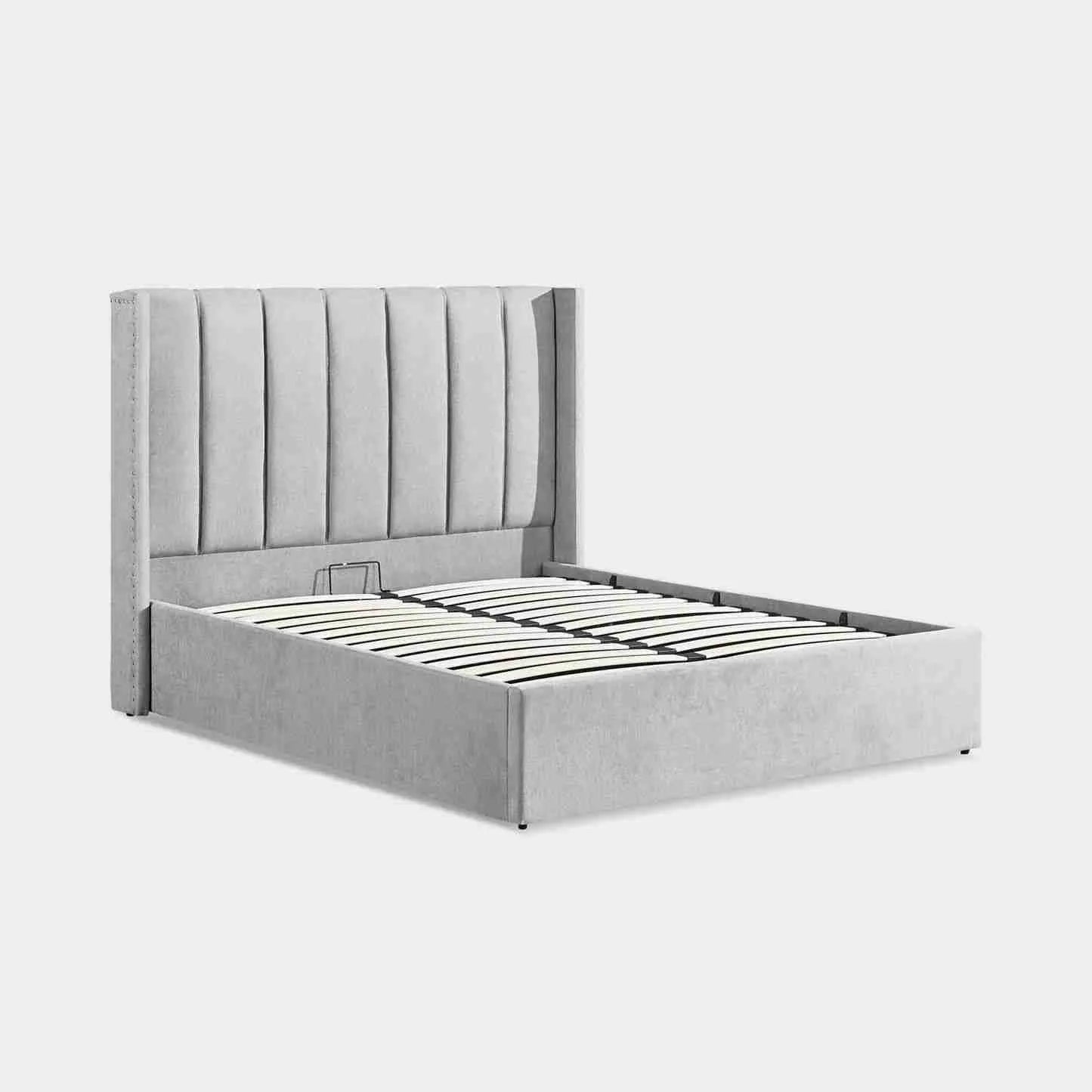 Amber Range Grey Upholstered Double Bed Frame with Storage – Optional Mattress