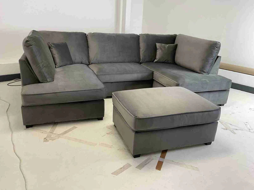Carnaby Cinema U-Shape Sofa – Plush Grey Velvet Corner Sofa with Footstool | UK