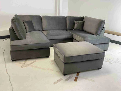 Carnaby Cinema U-Shape Sofa – Plush Grey Velvet Corner Sofa with Footstool | UK