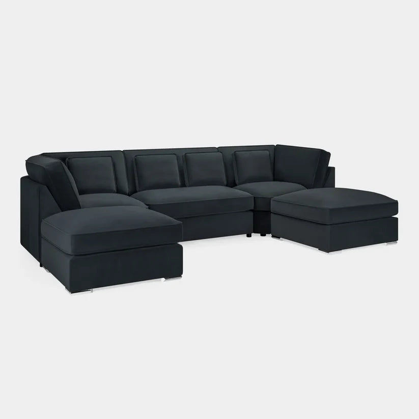 Belgravia Black U-Shape Corner Sofa – Large Luxury Velvet U-Shaped Sofa with Footstool | UK
